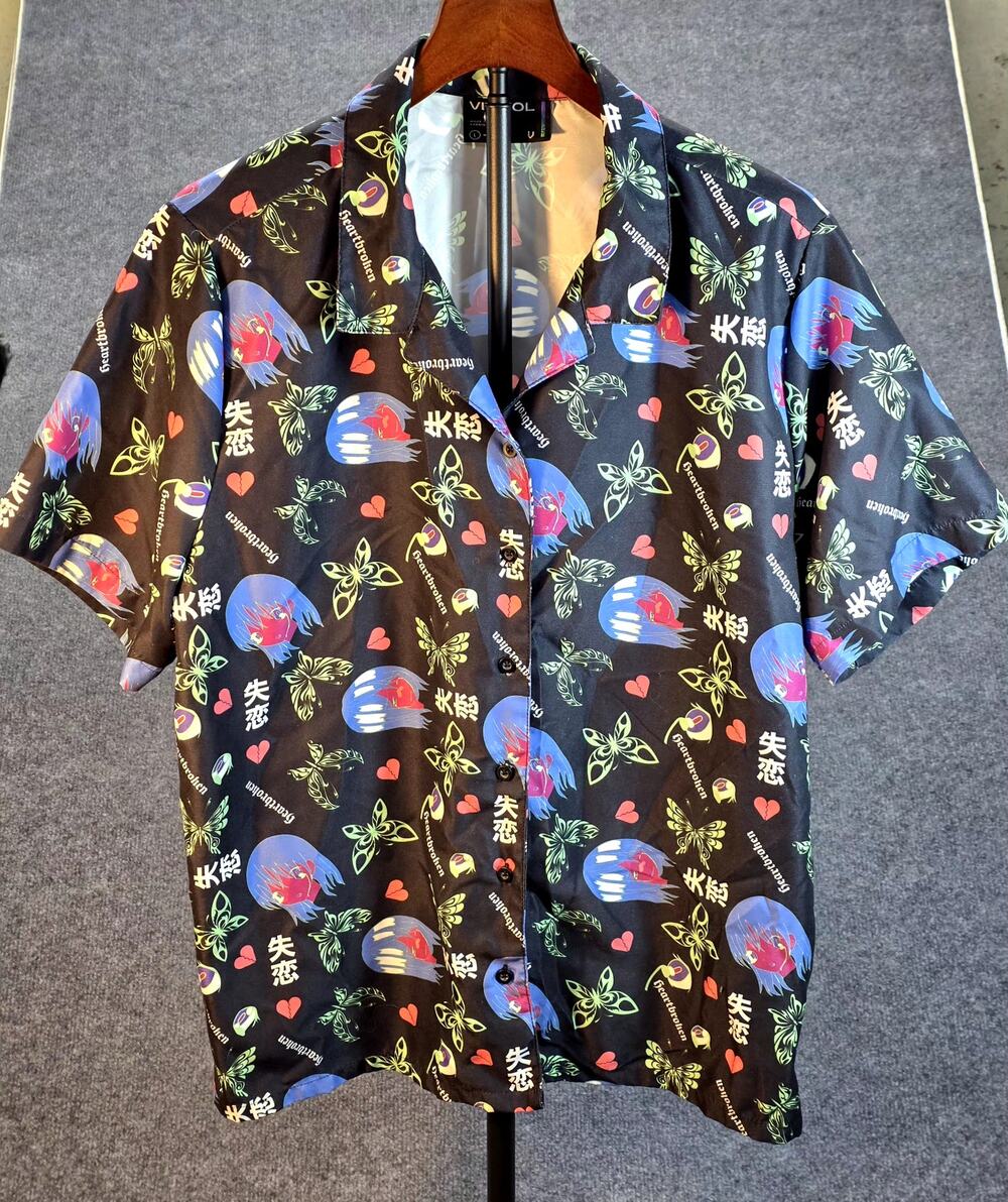 Vitriol Heartbroken Ziggy Anime ButtonUp Shirt Large Black Butterfly Streetwear
